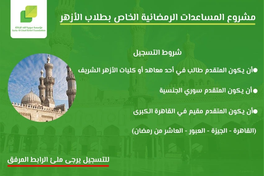 “سوريا الغد” تفتح التسجيل بمشروع المساعدات الرمضانية الخاص بطلاب الأزهر من جميع الأعمار والمعاهد والكليات