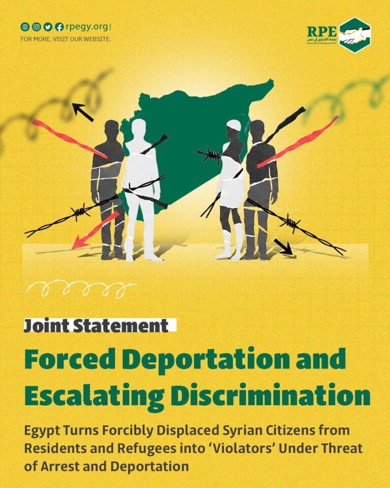 Joint Statement  Forced Deportation and Escalating Discrimination  Egypt Turns Forcibly Displaced Syrian Citizens from Residents and Refugees into ‘Violators’ Under Threat of Arrest and Deportation